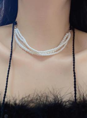 欧美黑色麻花编织绳流苏多层珍珠项链个性ins风时尚潮流锁骨链女