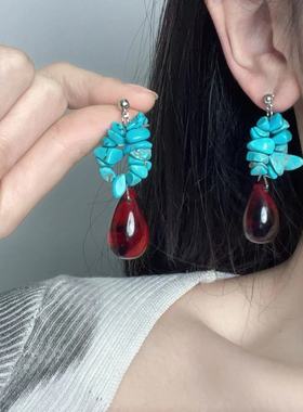 新中式复古气质绿松石水滴耳环时尚潮流高级感小众设计感耳饰新款