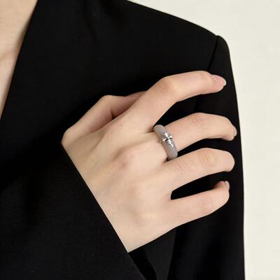 时尚简约十字架天然石素圈戒指女欧美风高级感潮流设计小众指环戒