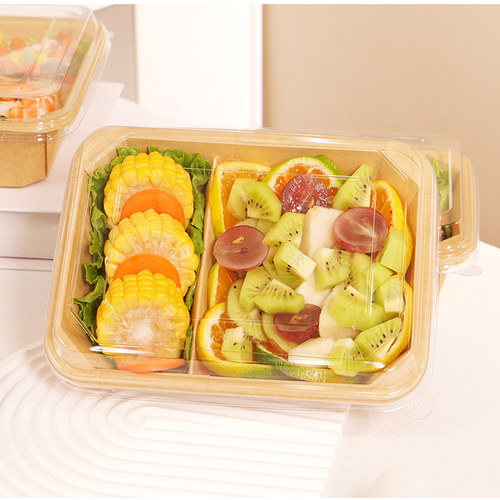 一次性分格餐盒轻食沙拉双格八角盒食物纸碗带盖牛皮纸分格打包盒