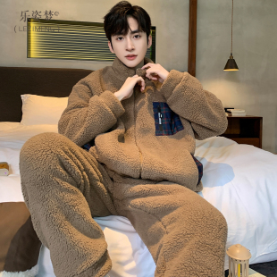 套装 羊羔绒睡衣男士 加绒珊瑚绒保暖家居服大码 青少年加厚款 秋冬季