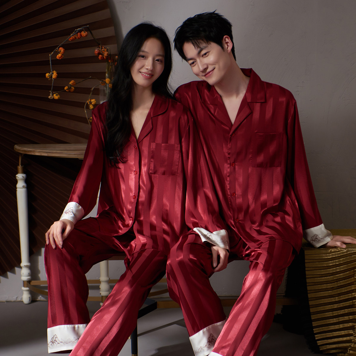 乐姿梦情侣冰丝睡衣春夏季红色本命年长袖薄款结婚家居服新婚套装