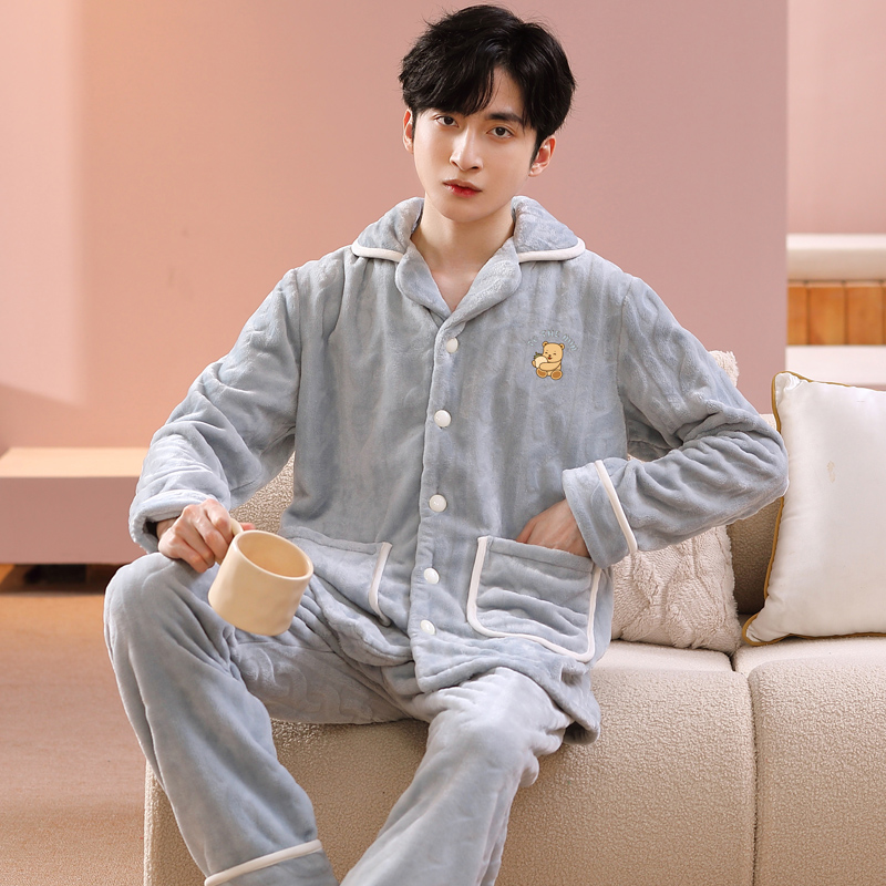 冬季新款法兰绒男款睡衣家居服套