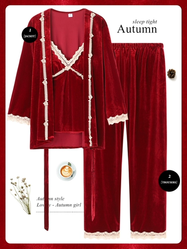 Пижама, осенний демисезонный лонгслив для влюбленных, красный бархатный комплект для невесты, увеличенная толщина, 3 предмета