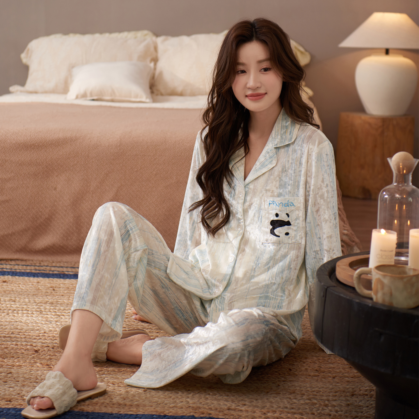 乐姿梦金钻绒睡衣女秋冬季家居服金丝绒套装高级感可外穿条纹熊猫