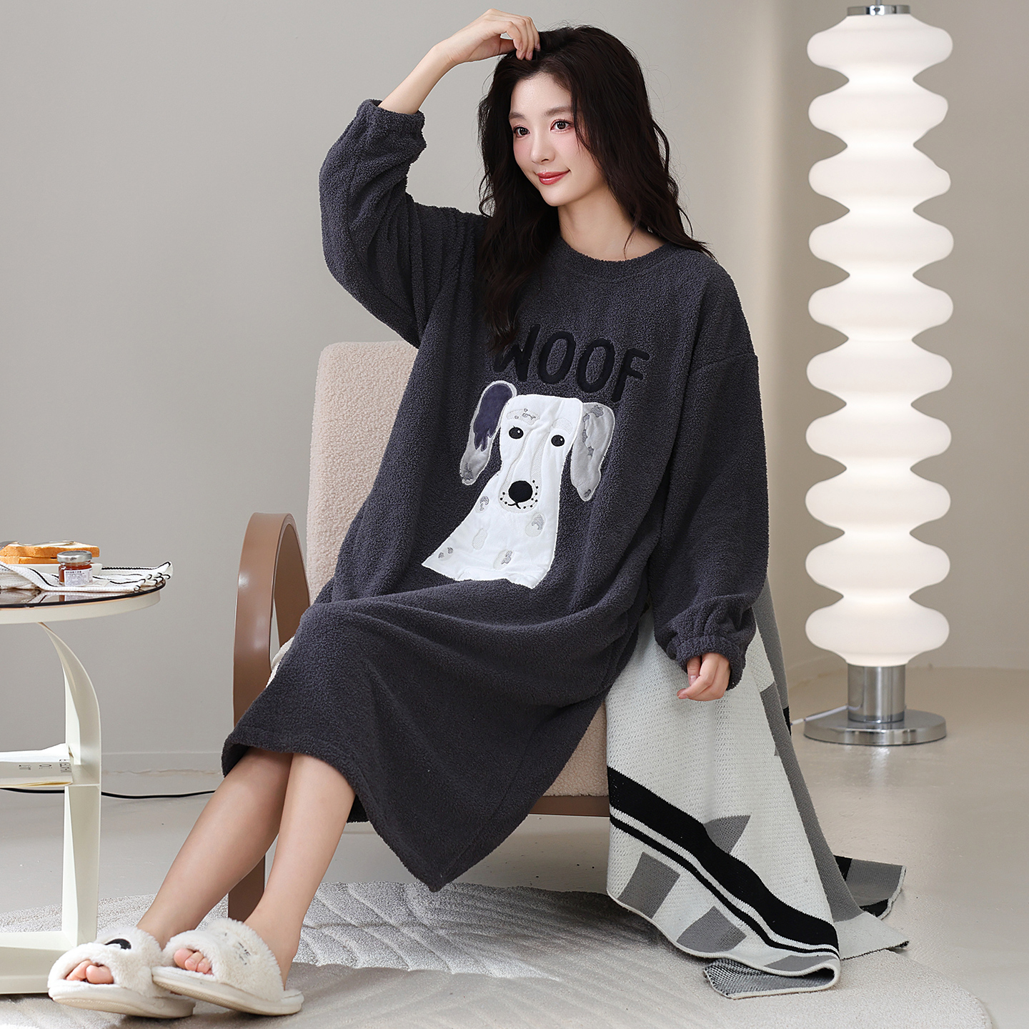乐姿梦半边绒睡裙女秋冬可爱宽松