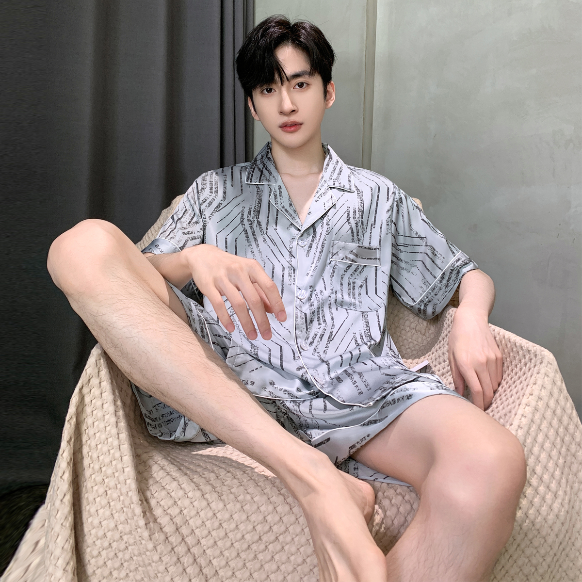 乐姿梦男冰丝绸短袖短裤