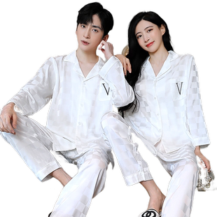 薄款睡衣情侣装一男一女春秋季棋盘格冰丝长袖套装仿真丝质家居服