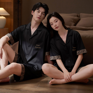 乐姿梦情侣睡衣女夏季冰丝绸短袖短裤大码家居服男士夏天高级感黑