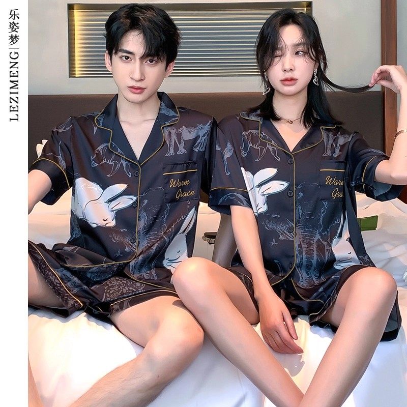 乐姿梦情侣睡衣女夏冰丝短袖可爱凉感型家居服套装男开衫丝绸套装
