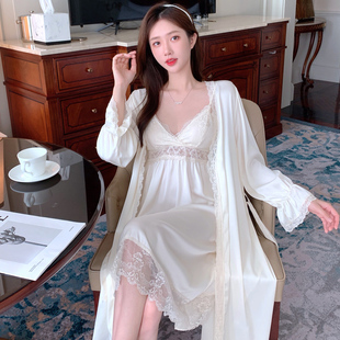 纯欲风睡裙春秋冰丝性感带胸垫长款 睡袍两件套吊带睡衣女高级感夏