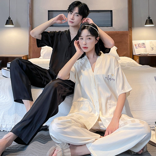 长裤 短袖 家居服 冰丝V领女士白色高级感条纹丝绸男款 情侣睡衣夏季
