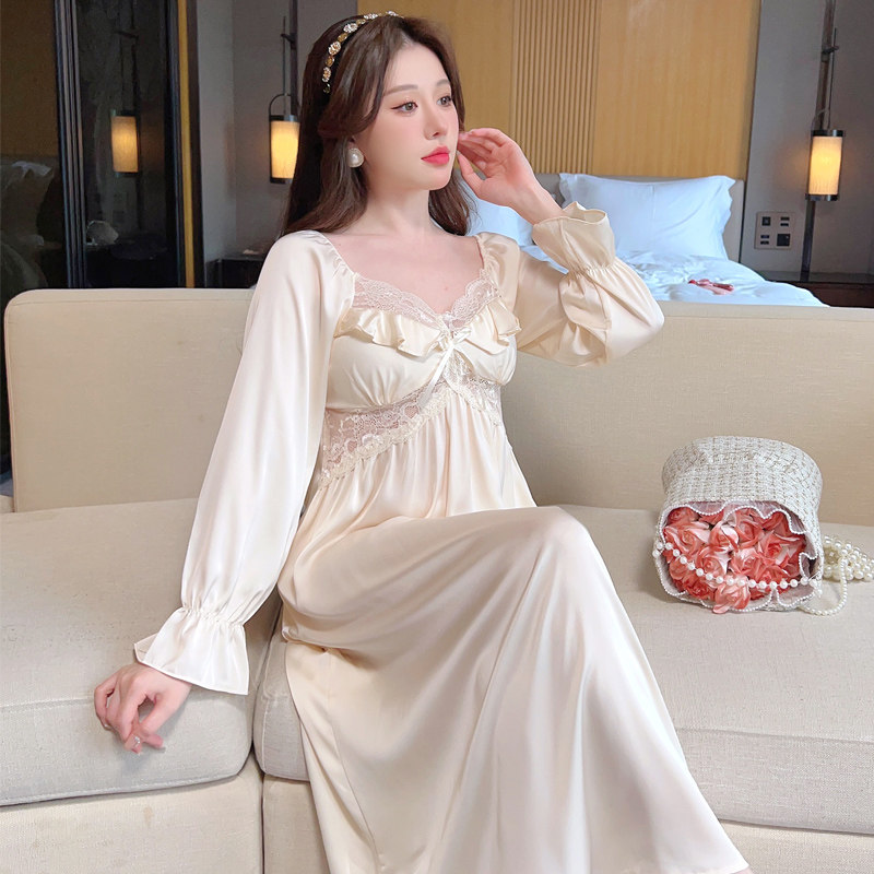 睡衣女春秋夏季长袖性感睡裙甜美白色纯欲风丝绸家居服冰丝高级感