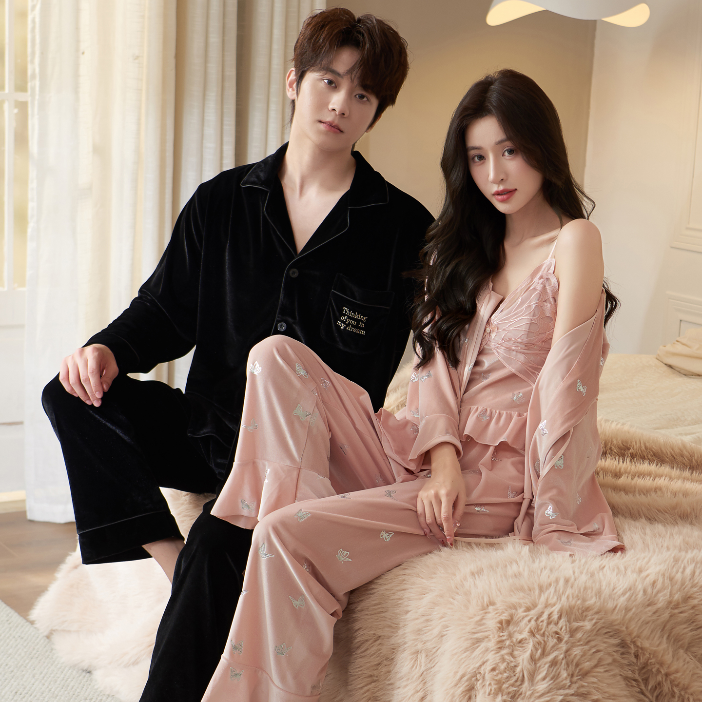 乐姿梦新款情侣金丝绒睡衣女款三件套带胸垫家居服男士套装可外穿
