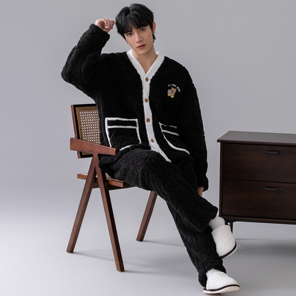 男士睡衣法兰绒秋冬季保暖加厚加绒珊瑚绒可外穿青少年家居服套装