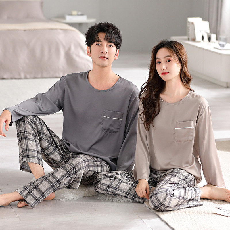 睡衣情侣春秋款冰丝薄款长袖家居服秋季男女款丝绸圆领套头两件套