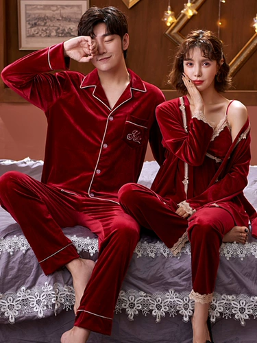 Пижама, осенний демисезонный лонгслив для влюбленных, красный бархатный комплект для невесты, увеличенная толщина, 3 предмета