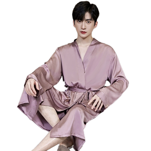 春秋季男款丝绸冰丝睡袍薄款长袖春秋款法仿真丝男士长袍睡衣浴袍
