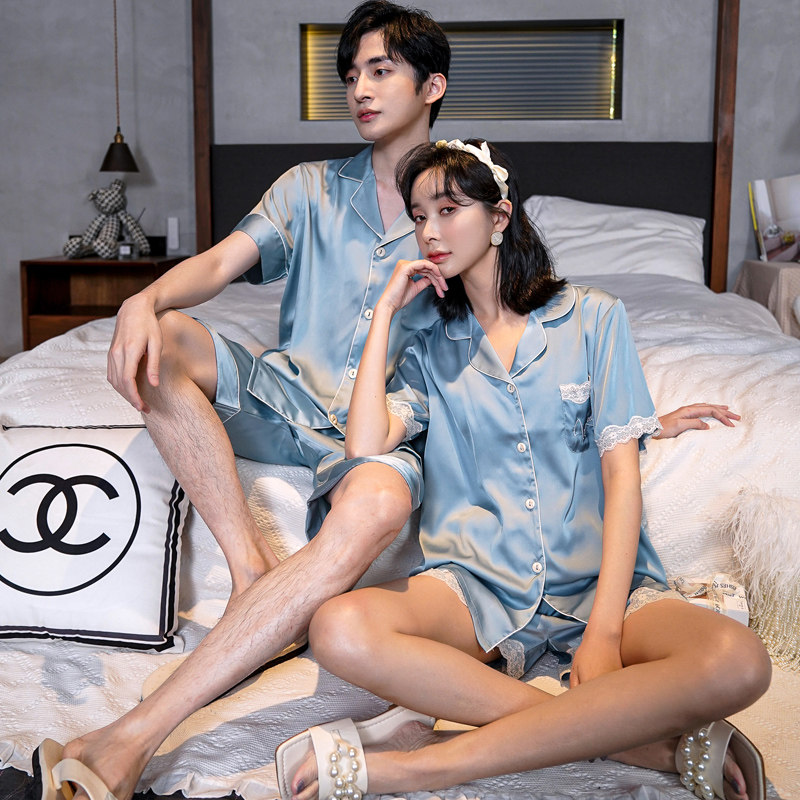 情侣睡衣夏季冰丝绸女士高级感2024年新款夏天短袖短裤男款家居服