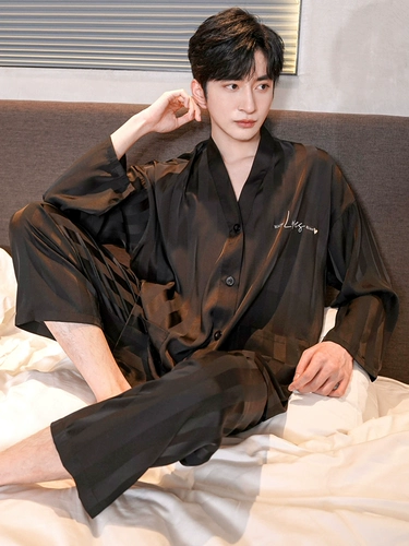 乐姿梦 Мужская осенняя пижама, шелковый лонгслив, комплект, домашняя одежда, 2025 года, премиум класс