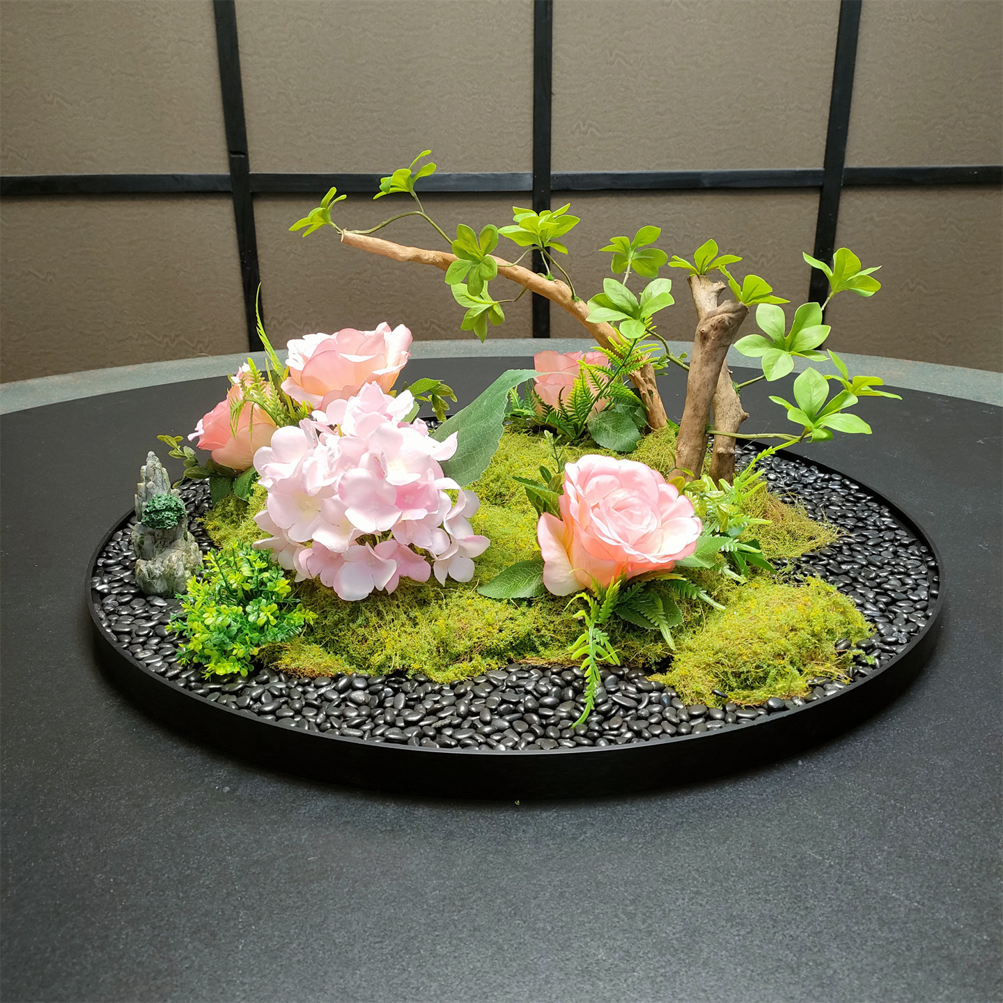 酒店餐桌中间摆花喷雾化流水灯光装饰摆件桌摆转盘花摆圆桌芯