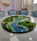 简约餐桌中间摆花饭店转盘花圆桌装 饰品高端山水摆件餐厅仿真花