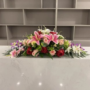 仿真花会议桌花餐桌长款摆花演讲接待台装饰花玫瑰百合花商务假花