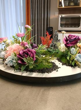 餐桌中间摆花桌摆饰品摆台电动转盘花摆花装高端饭店餐厅微缩景观