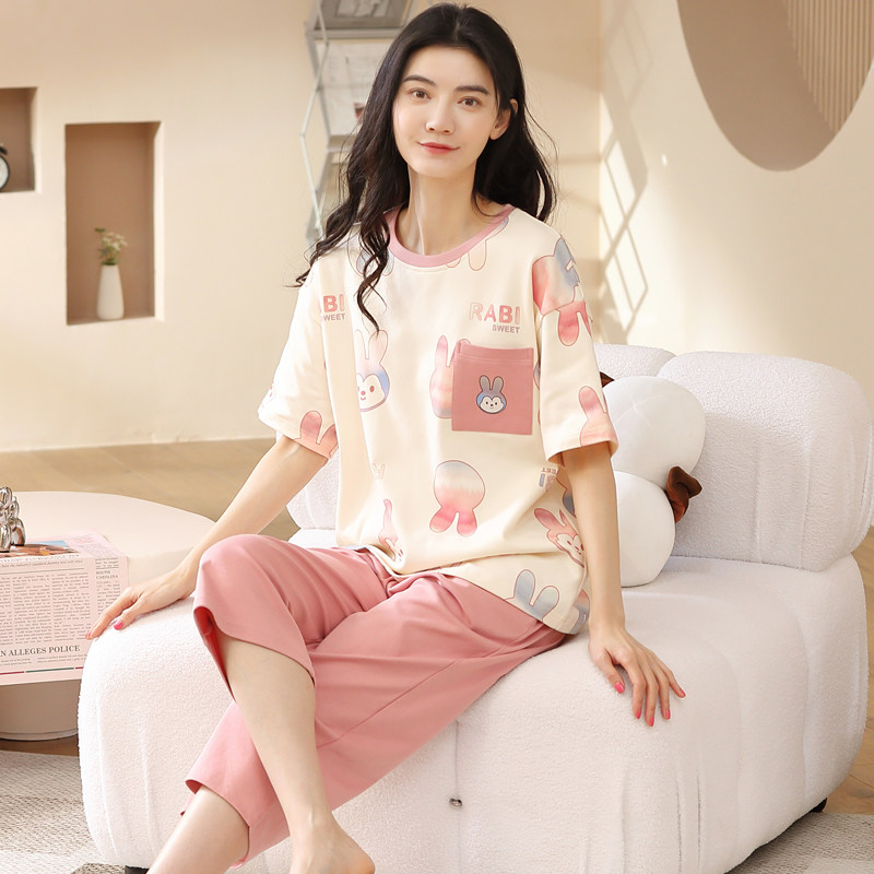 睦隆世家睡衣女款短袖七分裤纯棉可外穿家居服韩版宽松套装2330