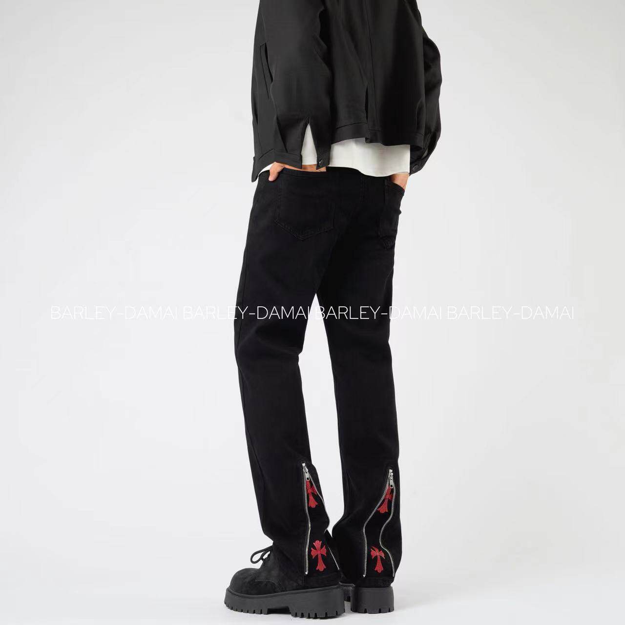 实体蓝色黑色微喇牛仔裤男款秋冬季欧美高街vibe风裤子潮牌直筒裤