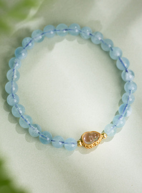 天然6MM海蓝宝手链女水墨玉葫芦好运手串蓝色高级感水晶手链批发