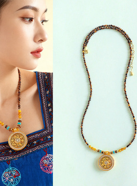 新中式天然黄虎眼金发晶转盘串珠项链吊坠时尚轻奢金发晶项链饰品