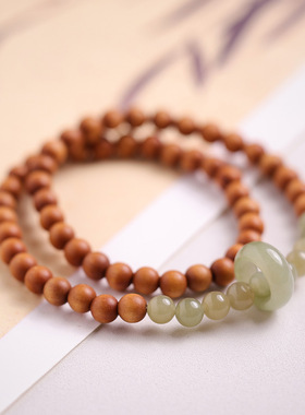 青山黛灵隐奶香檀木和田跑环双圈手串国风简约玉石手链情侣款批发