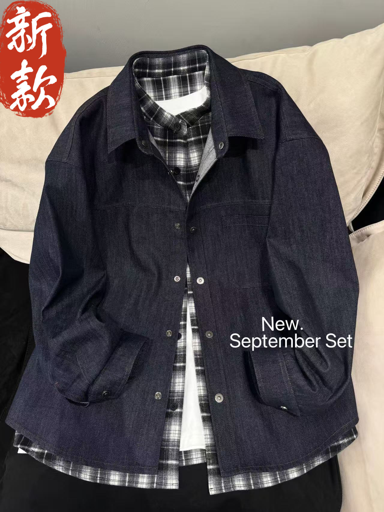 实体潮牌秋季时尚复古水洗牛仔格纹拼接男衬衫假两件夹克外套男士