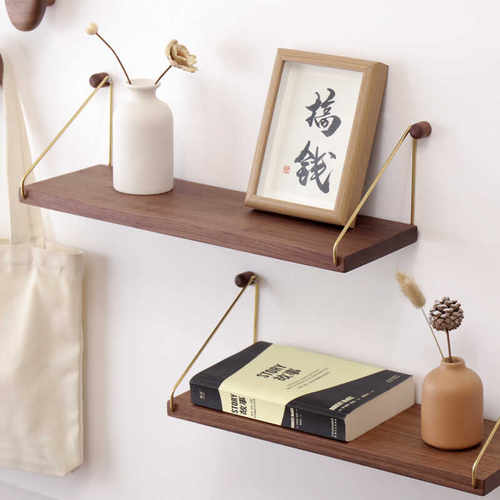 黑胡桃木厨房调味架日系榉木客厅墙上置物架创意黄铜简约一字隔板
