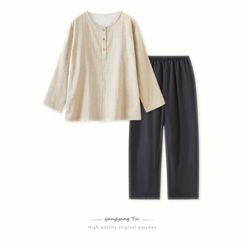 新款日系简约春夏季纯棉纱布睡衣套装家居服女士情侣大码男宽松