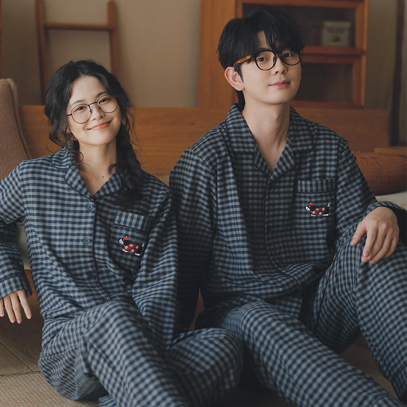 日系新款无印情侣睡衣女款秋冬季纯棉格子家居服长袖套装大码全棉
