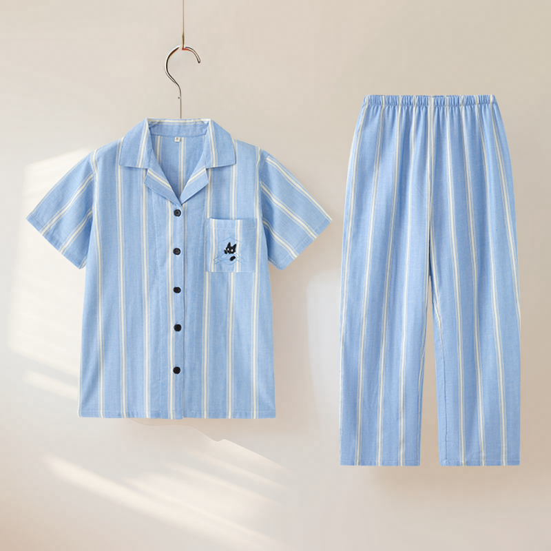2025日系睡衣女士春夏季纯棉纱布短袖长裤条纹野兽可外穿家居服男