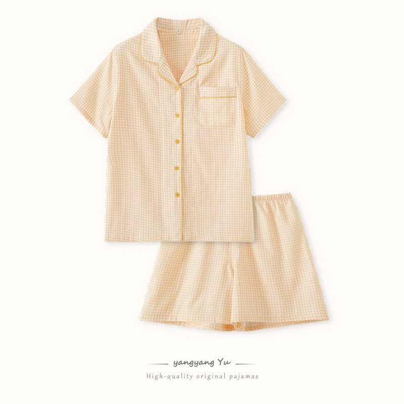 纯棉纱布睡衣女夏天短袖短裤情侣套装薄款格子家居服男士全棉大码