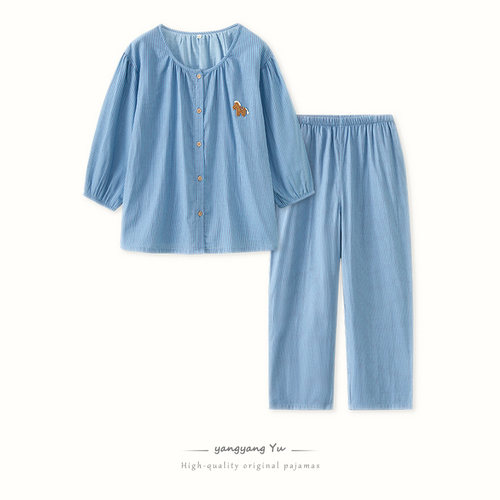 韩系条纹刺绣夏季外穿女士睡衣纯棉纱布春全棉纱布家居服大码套装