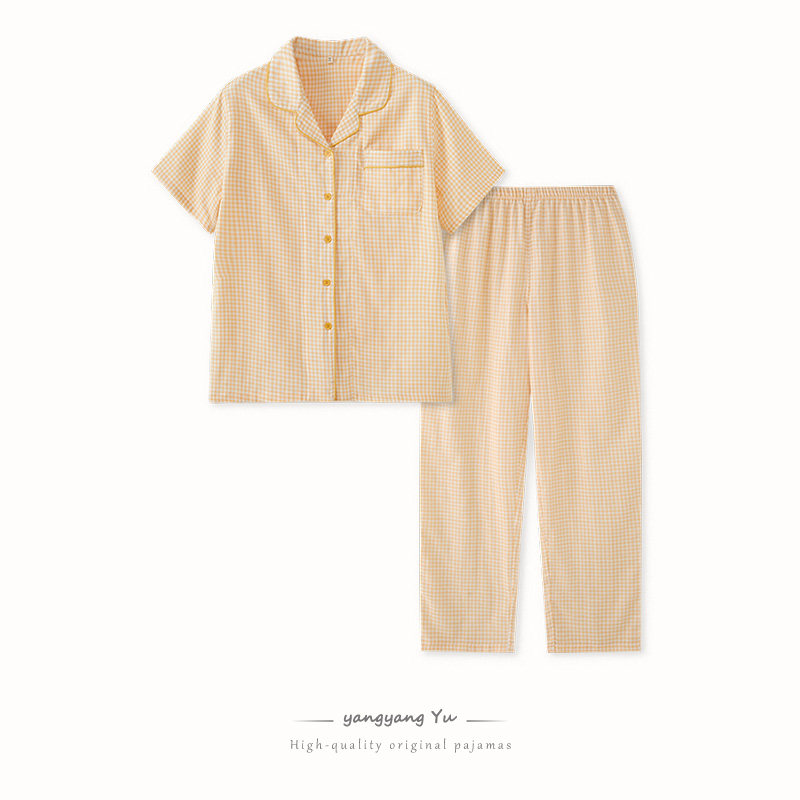 日系女士短袖长裤纯棉纱布睡衣套装甜美夏季家居服格子大码全棉