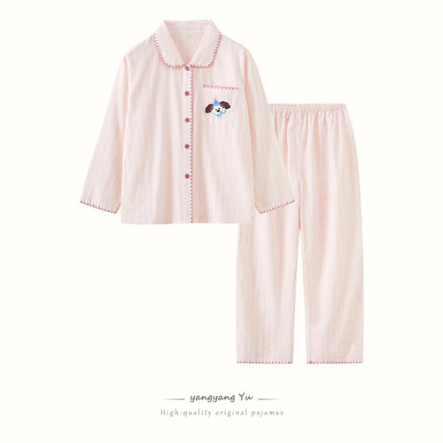 日系新款全棉卡通睡衣男女款2026春季新款纯棉纱布情侣家居服套装