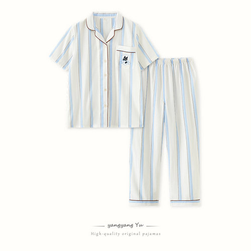 日系春夏季纯棉短袖长裤套装全棉纱布条纹情侣睡衣男女家居服