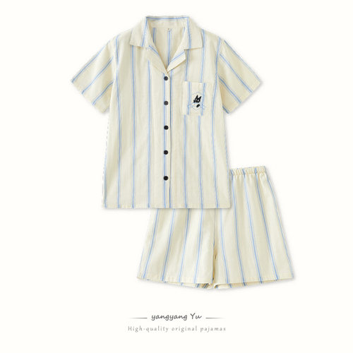 日系短袖短裤家居服夏季薄款情侣睡衣纯棉纱布套装可外穿男女同款