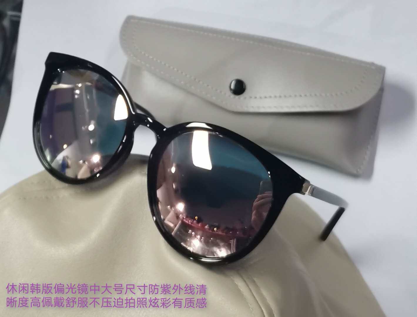 韩版粉膜女偏光太阳镜外拍照开车海防紫外线UV400适中大脸实店