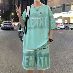 耐克顿休闲套装男士夏季薄款速干宽松短袖短裤青少年潮流帅气一套