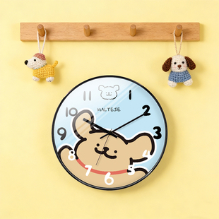 可爱治愈线条小狗马尔济斯犬卡通温馨儿童房墙面挂钟石英静音时钟