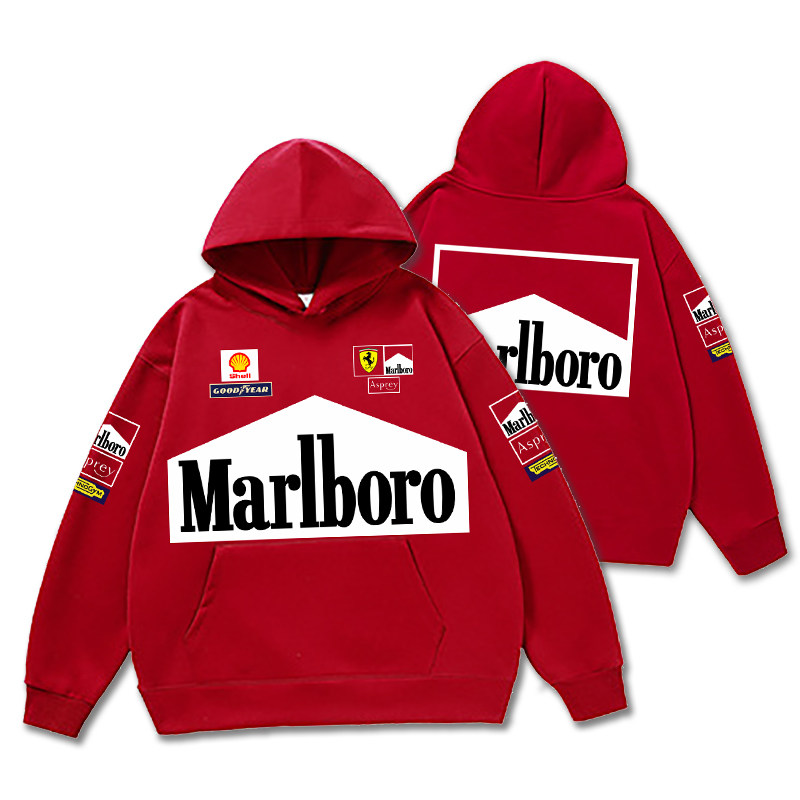胶囊工作室秋冬新款万宝路车队红色队服连帽落肩毛圈套头长袖卫衣