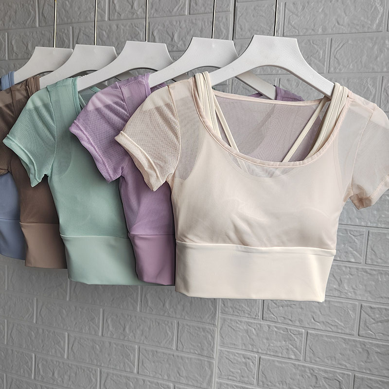网纱假两件纯欲风带胸垫短袖瑜伽服女紧身露脐显瘦运动上衣健身服,运动服/休闲服装,健身衣,淘宝优惠券,粉丝福利购,淘宝优惠卷