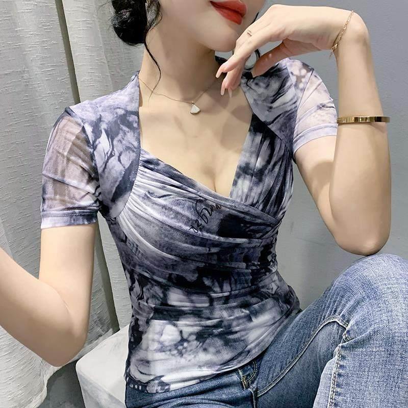 欧货水墨画网纱短袖女夏季洋气设计感V领T恤洋气上衣修身性感小衫